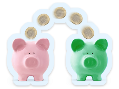 Pound coins move between a pink piggy bank and a green piggy bank